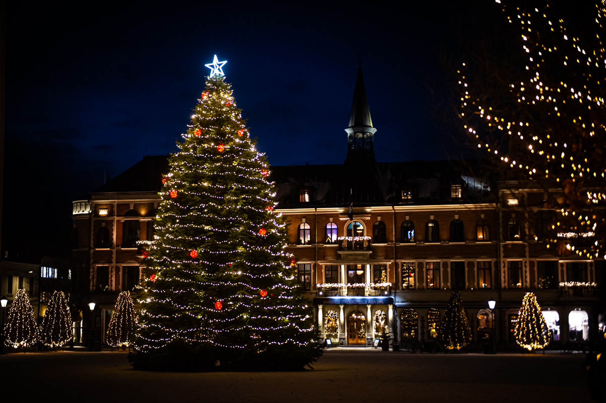 julgran med belysning på ett stort torg