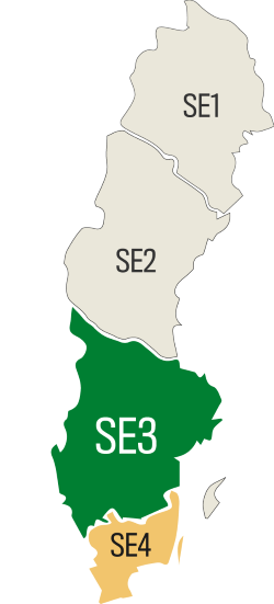 Illustrerad karta över Sveriges elområden med SE1 och SE2 på ljus bakgrund, SE3 med mörk grön bakgrnd samt SE3 i mellan gul bakgrund