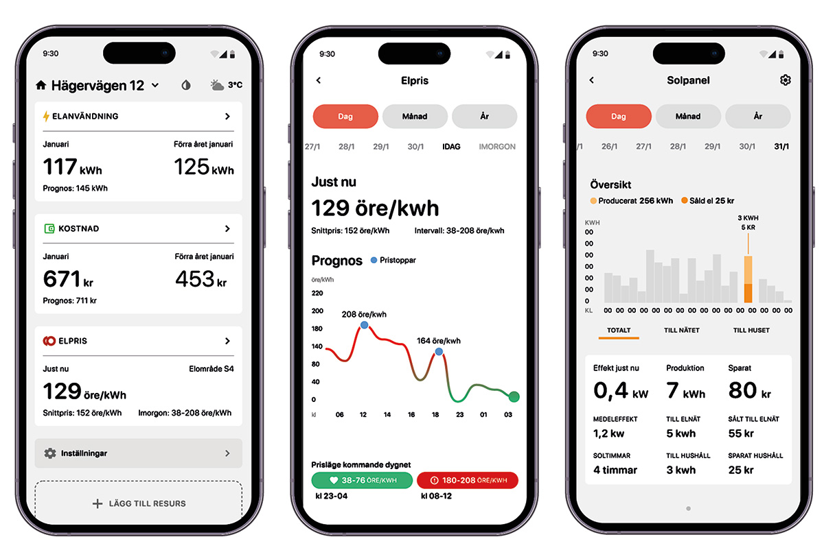 Tre skärmdumpar med information från en el-app